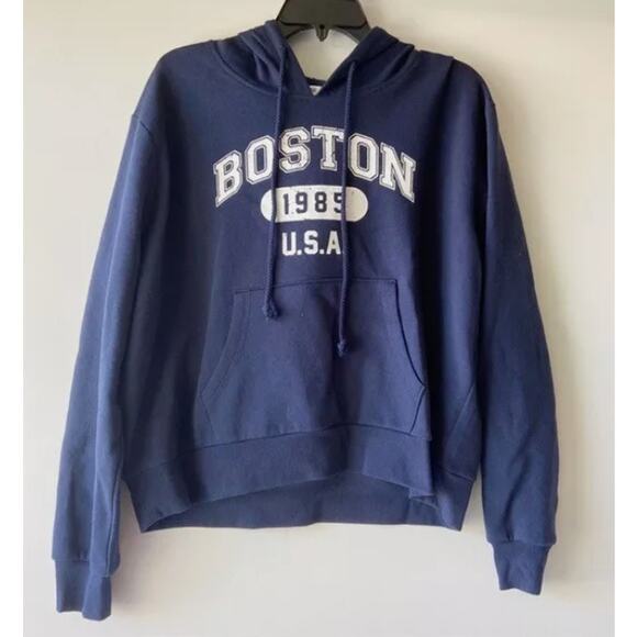 BP women's Boston USA graphic navy blue pouch pocket pullover hoodie MEDIUM - Picture 2 of 3